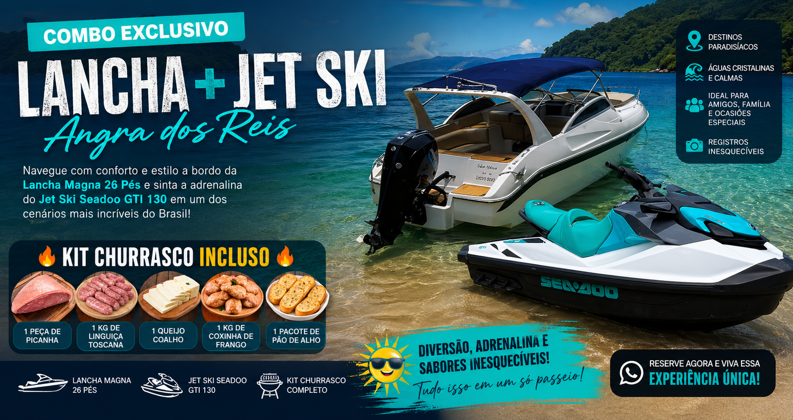 Pacote em Angra dos Reis - Lancha Magna 26 Pés 🚤 + Jet Ski + Kit Churrasco 🥩🔥