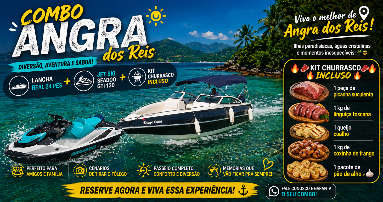 Pacote em Angra dos Reis - Lancha Real 24 Pés 🚤 + Jet Ski + Kit Churrasco 🥩🔥